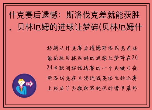 什克赛后遗憾：斯洛伐克差就能获胜，贝林厄姆的进球让梦碎(贝林厄姆什么位置)